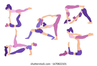 Young women performing acro yoga exercises in a couple. Cute girl characters doing yoga. Support, balance, unity, feminine friendship or sisterhood vector concept isolated on white background. 