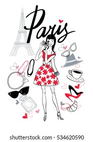 Young women with a photo camera. Paris. Vector hand drawn illustration with Eiffel tower. Fashion accessories.