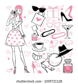 Young women with a photo camera. Vector hand drawn seamless pattern. Fashionable accessories.