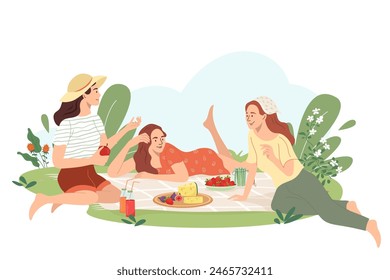 Young women at picnic in the park. Bundle of happy girls eating spend time together on the lawn outdoors. Friends relaxing and support each other on summer vacation. Flat cartoon vector illustration