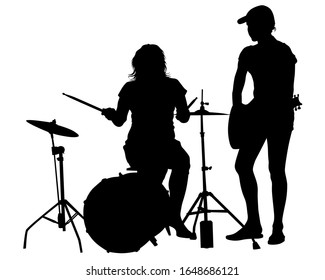 Young women play drums and bass. Isolated silhouettes on a white background