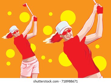 Young women player golf swing shot on course in orange background. 

