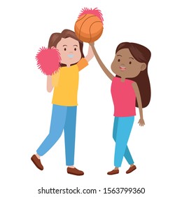 young women playing basketball and cheerleader vector illustration design
