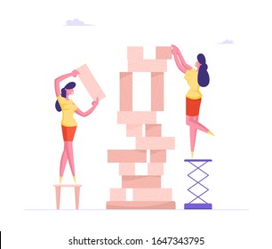 Young Women Playing Intellectual Strategic Board Game Put Wooden Block Pieces on Each Other for Making High Tower. Female Characters Assemble Puzzle, Business Strategy. Cartoon Vector Illustration