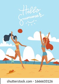 Young women playing volleyball together on the beach vector illustration. Happy girls in bikini outdoor activities. Summer holiday relax rest. Flat cartoon illustration with lettering Helllo summer.