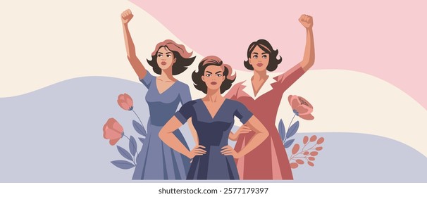 Young women with poppies flowers and raised hands in protest. Postcard for women's day, equality day. Banner, illustration