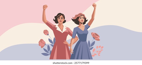 Young women with poppies flowers and raised hands in protest. Postcard for women's day, equality day. Banner, illustration