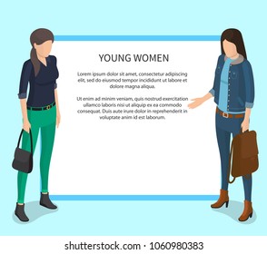 Young women poster with white frame and student girls with sack, leather brown bag and casual jeans suit vector illustration of university students