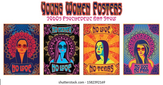 Young Women Posters, Psychedelic Art Style from the 1960s, 1970s, Mandala Decor Backgrounds, Psychedelic Colors