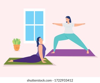 young women practicing in house scene vector illustration design