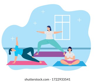 young women practicing in house scene vector illustration design