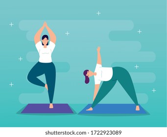 young women practicing yoga character vector illustration design