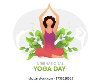 Young Women Practicing Yoga in Different Poses with Green Leaves on White Background for International Yoga Day.