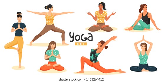 Young women practicing yoga. Set of cute girls doing various yoga posture. Cartoon vector illustration on white background.