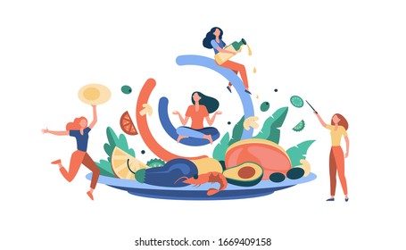 Young Women Presenting High Fat Foods, Salmon, Olive Oil, Avocado, Eggs, Vegetable. Girls Keeping Keto Diet. Vector Illustration For Nutrition, Ketones, Health, Weight Loss Concept