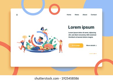 Young women presenting high fat foods, salmon, olive oil, avocado, eggs, vegetable. Girls keeping keto diet. Vector illustration for nutrition, ketones, health, weight loss concept