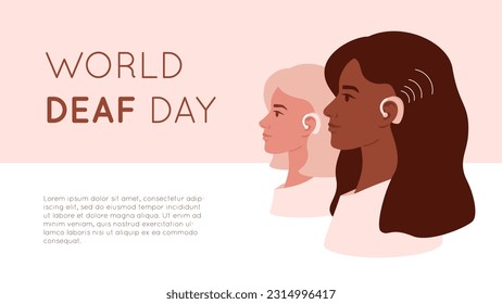 Retratos de perfil de mujeres jóvenes con audífonos. Pancarta del Día Mundial de la Sordera. Las mujeres hermosas tienen problemas auditivos y usan aparatos médicos en el oído. Ilustración vectorial.