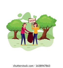 young women protesting with stop label characters vector illustration design
