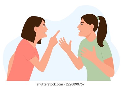 Young women  quarrel. Aggressive girls Yelling. Aggression, conflict concept. Flat vector  illustration.