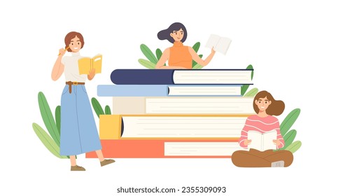 Young women are reading with big books isolated on white background. Concept of education, studying, learning, knowledge, library, school, book club, hobby, free time. Flat vector illustration.