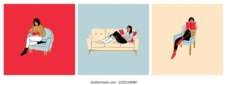 Young women reading book vector background. Relaxed girls comfortable sitting on the sofa and reading, isolated on white backdrop. Modern home interior illustration.