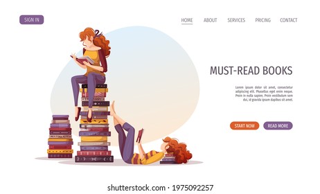 Young women reading books. Bookstore, bookshop, library, book lover, bibliophile, education concept. Vector illustration for poster, banner, website, advertising.