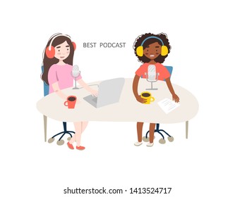 Young women recording a podcast in a studio with microphone and laptop. Isolated vector cartoon illustration. Podcast concept. Broadcasting characters template.