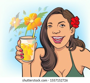 Young women refreshing when drinking fruit juice.Vector illustration Comic book genre