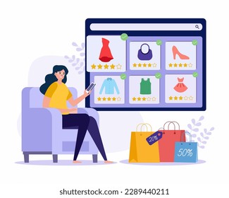 Young women relaxing at home and using phone to orders fashion cloths concept of Clothing store, Online Shopping, Home delivery.