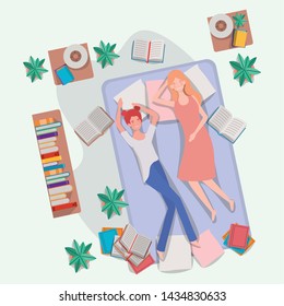young women relaxing in mattress in the bedroom