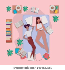 young women relaxing in mattress in the bedroom