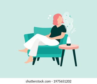 Young women relaxing on the couch while enjoying the aromatherapy by an essential oil fragrance diffuser flat vector 