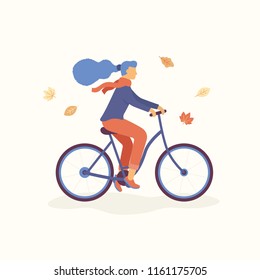 Young Women riding a bicycle in the park, falling leaves are flying around. Autumn concept Vector flat illustration. 