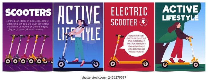 Mujeres jóvenes montando scooter eléctrico. Conjunto de carteles de publicidad vectorial de estilo de vida activo. Gente moderna manejando transporte urbano ecológico. Fila de dibujos animados de scooters eléctricos, servicio compartido