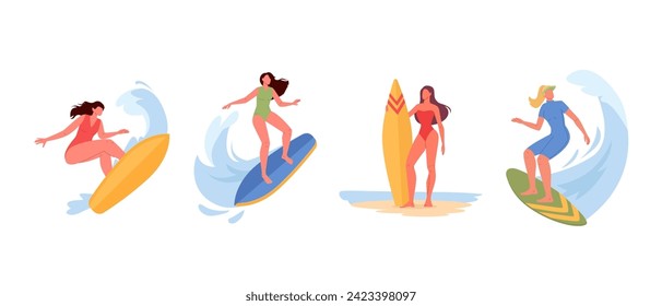 Young women riding surfboards. Active female characters Set in swimwear surfing ocean wave on summer holidays. Sport recreation, sea leisure hobby. Flat vector illustrations on white background