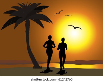 Young women running during sunset, on a beach