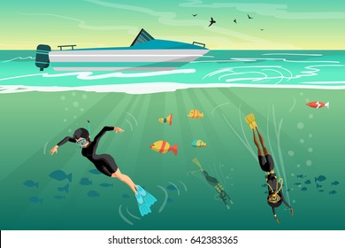 Young women scuba diver dives under the sea into the sea at sunset. Vector flat cartoon illustration