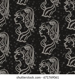 Young Women, Seamless Pattern, White Contours Isolated On Tile Black Background. Vector