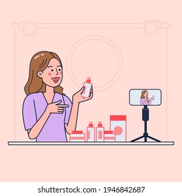 Young women sell cosmetics through social media channels for extra income. Using a camera to stream video. flat illustration vector desig