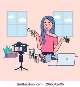 Young women sell cosmetics through social media channels for extra income. Using a camera to stream video. flat illustration vector desig