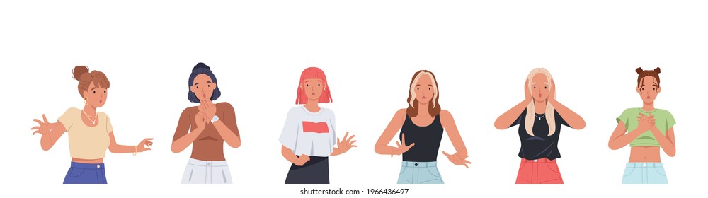 Young women with shocked face expression set. Surprised and amazed person cartoon style vector illustration
