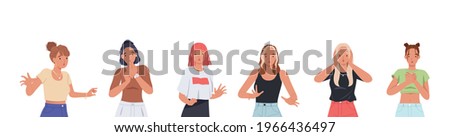 Young women with shocked face expression set. Surprised and amazed person cartoon style vector illustration Stockfoto © 