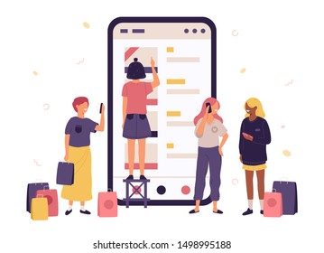 Young women with shopping bags and smartphones, mobile phone with online shop interface. Mobile shopping concept. Group of girls buy things in the online store. Vector flat cartoon illustration