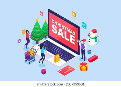 Young Women are shopping online at Christmas Sale day via a giant laptop. Christmas tree, snowman, and gift boxes. Merry Christmas and happy new year. Isometric Vector Illustration