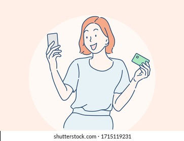 
Young women is shopping online with a mobile phone. she spends via credit card by mobile app. Hand drawn in thin line style, vector illustrations.