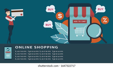 Young women Shopping Online on Website or Mobile Application Concept.Pay credit card on a smartphone.