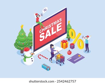 Jovens mulheres estão fazendo compras on-line através de um computador na Venda de Natal e descontos. Árvore de Natal, boneco de neve e caixas de presente. Feliz Natal e feliz ano novo. Ilustração de vetor isométrico