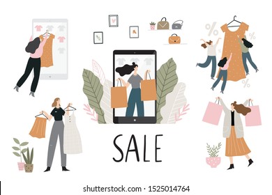 Young women are shopping at the shop. Vector flat illustration girl on sale. Black friday vector print banner. Online shopping