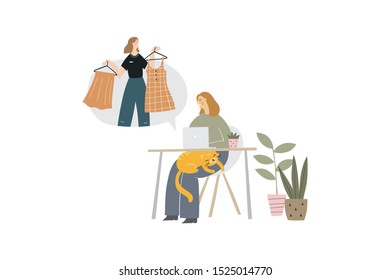Young women are shopping at the shop. Vector flat illustration girl on sale. Black friday vector print banner. Online shopping