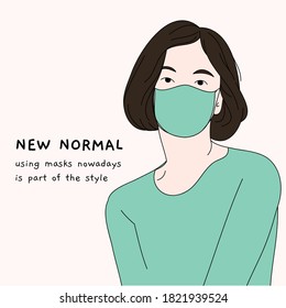 Young women with short hairstyles wear a face mask. New normal lifestyle. Vector illustration.